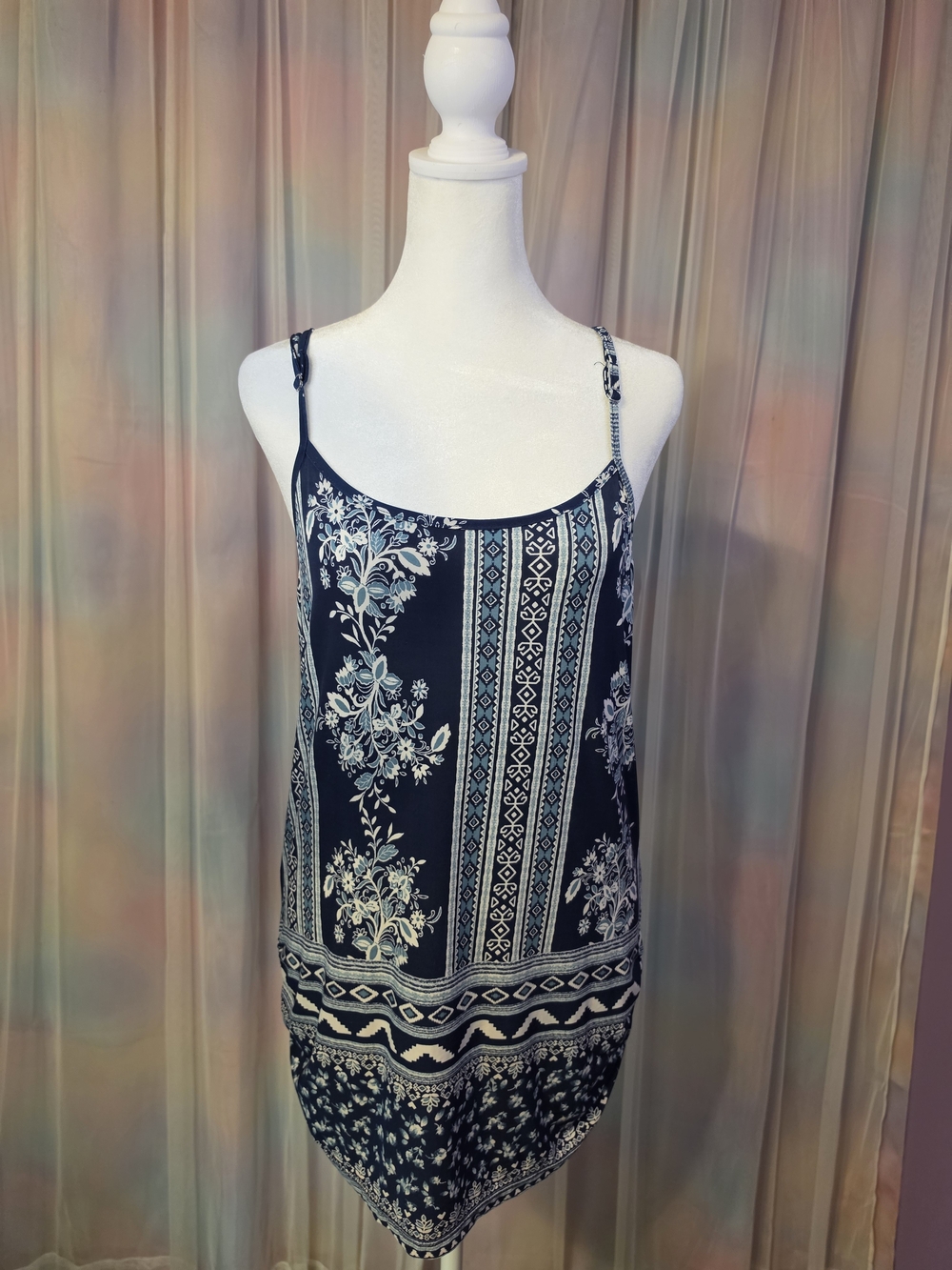 Agenda Navy White Boho Geometric Spaghetti Strap Tank Top Cami Size Medium
